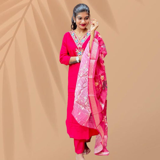 PINK aari work  V- neck, 3/4 th sleeve,below knee lenght top with straight pants & floral printed dupatta